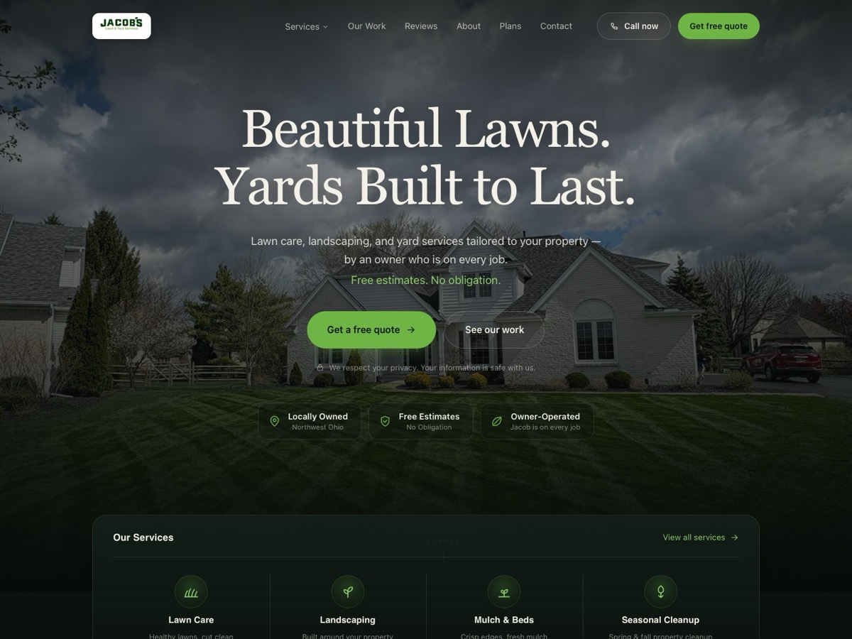 Homepage of the Jacob&rsquo;s Lawn & Yard Services concept build